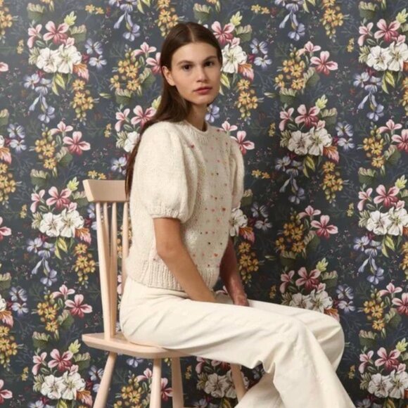 NWT Vero Alfie Sidra Sweater Womens Medium Cream Beaded Crew Neck Anthropologie - Picture 1 of 11